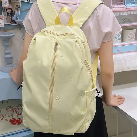 Girls Cute Bow Embroidery Backpack Casual Nylon School Bookbag Simple Versatile Daypack Student Travel Bag