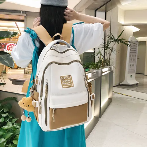 Women's Japanese Color Block Canvas Backpack Large Capacity Student Bookbag Casual Travel Daypack