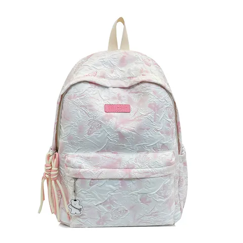 Women Casual Nylon Backpack Large Capacity School Bookbag With Bear Pendant Stylish Travel Daypack For Students