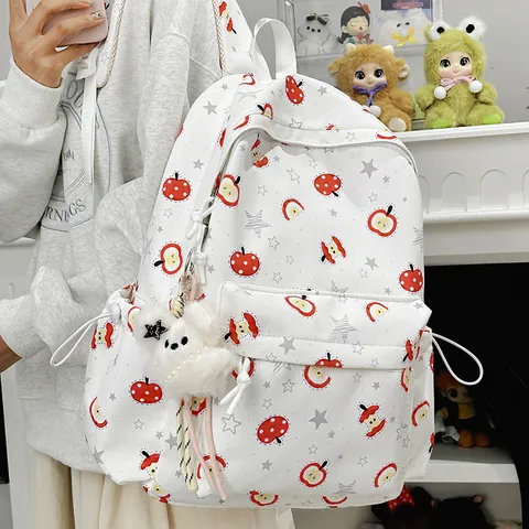 Casual Cute Cartoon Apple Printed Nylon Backpack Harajuku Japanese Style Versatile School Bag For Women College Students