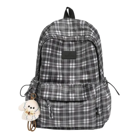 Vintage Plaid School Backpack For Teen Girls Boys Casual Multi-Compartment Nylon Bookbag With Cute Dog Pendant