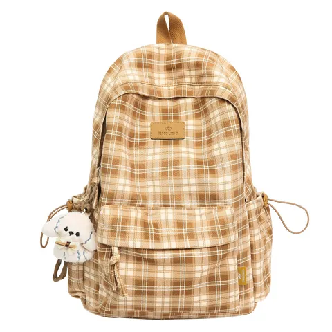 Vintage Plaid School Backpack For Teen Girls Boys Casual Multi-Compartment Nylon Bookbag With Cute Dog Pendant