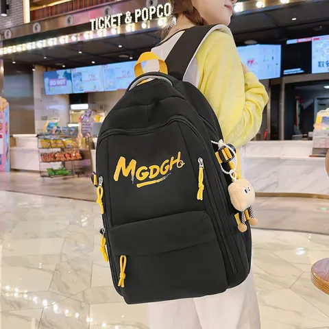 Casual Nylon Backpack For Women Men Large Capacity School Bookbag With Letter Print And Optional Pendant