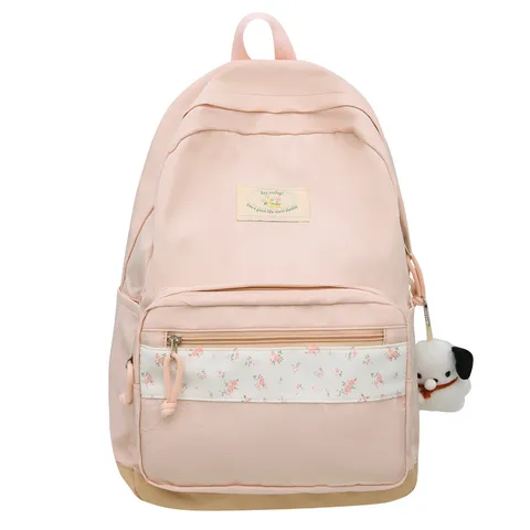Women's Casual Nylon Backpack Floral Patchwork School Bookbag Cute Dog Pendant Commuter Daypack For Student Teen Girls