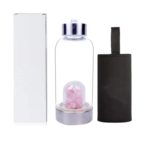 Natürliche Kristall Schotter Energie Glas Trinkflasche Borosilikatglas Edelstahl Wellness Sport Flasche