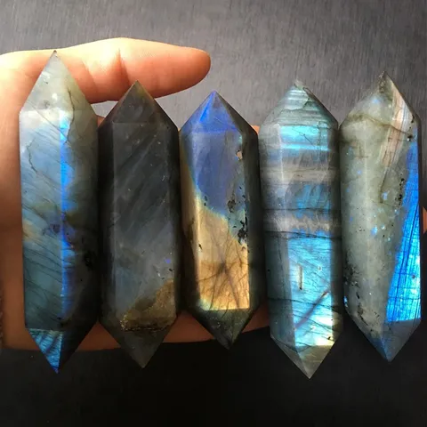 Natural Labradorite Moonstone Double Pointed Hexagonal Crystal Obelisk Wand Reiki Healing Stone Home Office Decor Ornament