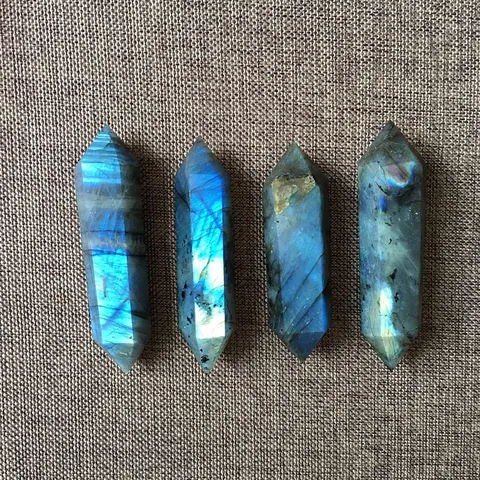 Natural Labradorite Moonstone Double Pointed Hexagonal Crystal Obelisk Wand Reiki Healing Stone Home Office Decor Ornament