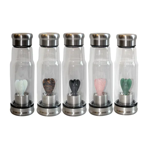Natürliche Kristall Engel Energie Glas Trinkflasche Borosilikatglas Flasche Mit Edelstahl Deckel Amethyst Rosenquarz Obsidian Heilstein Flasche Für Yoga Meditation Geschenk