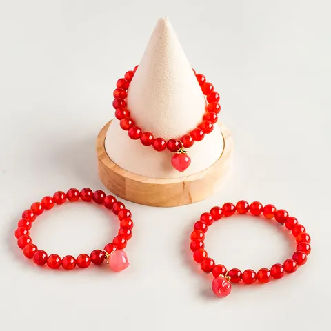 Natural Red Agate Round Beaded Bracelet With Pink Peach Heart Dangle Charm Handmade Stone Beads Elastic Bracelet Jewelry Gift For Women