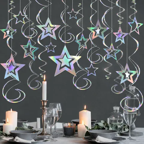 Fiesta de Navidad Arcoíris Láser Estrella Hueca Colgante Decoraciones de Espiral Cumpleaños Infantil Boda Decoración de Techo