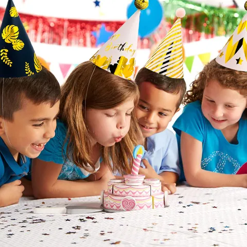 Kids Birthday Party Cone Hats Ins Style Cute Gold Stamping Paper Hats With Plush Ball Children Birthday Party Decor Supplies