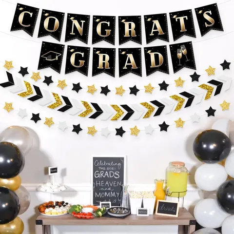Graduation Party Decoration Black And Gold Banner Garland Confetti Star Streamer Graduation Ceremony Celebration Supplies