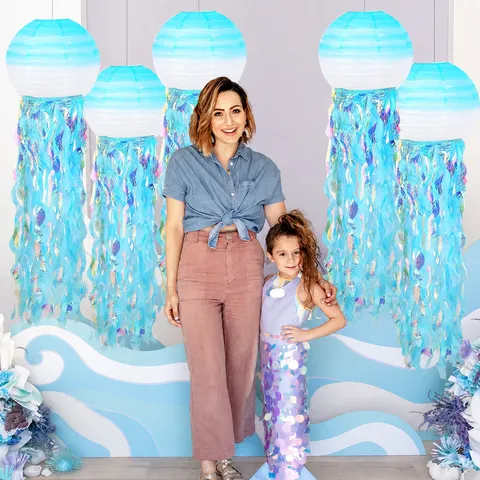 Gradient Mermaid Jellyfish Paper Lantern Ocean Theme Hanging Ornament Colorful Tassels for Kids Birthday Party Decor