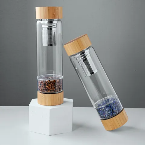 Natural Crystal Stone Infused Glass Water Bottle With Bamboo Lid Stainless Steel Tea Infuser Gemstone Energy Drinkware