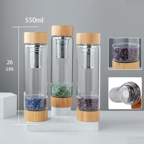 Natural Crystal Stone Infused Glass Water Bottle With Bamboo Lid Stainless Steel Tea Infuser Gemstone Energy Drinkware
