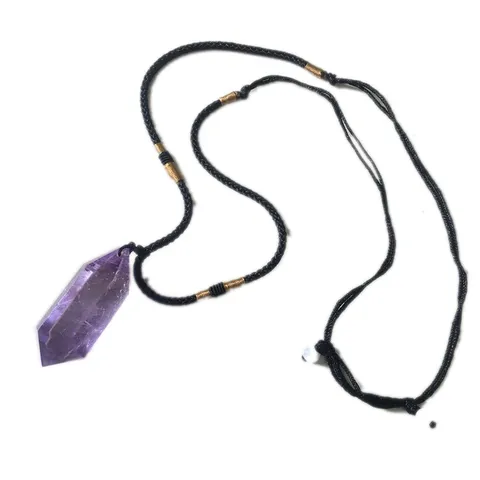 Natuurlijke Braziliaanse Amethist Dubbelpuntige Zeshoekige Kolom Hanger Ketting Gepolijst Paars Kristal Verstelbaar Koord Sieraden Cadeau