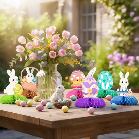 Pièces Centrales en Nid d'Abeille Lapin de Pâques Décorations de Table en Papier d'Œuf de Pâques Ensemble d'Ornements de Présentation de Table de Fête