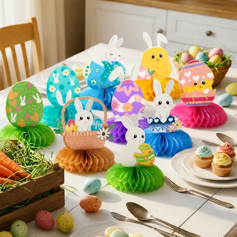 Pièces Centrales en Nid d'Abeille Lapin de Pâques Décorations de Table en Papier d'Œuf de Pâques Ensemble d'Ornements de Présentation de Table de Fête