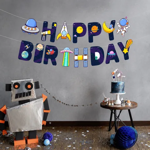 Astronaut Birthday Banner Rocket Space Theme Hanging Garland Flags Kids Birthday Party Celebration Decoration Supplies
