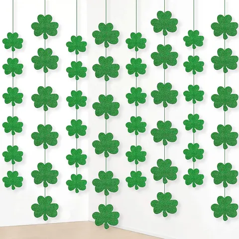 Guirlande Décorative Trèfle Saint-Patrick Fête Irlandaise Bannière Suspendue Serpentin en Papier Pailleté Vert Décoration Thème