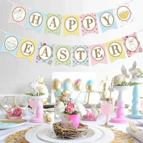 Easter Bunny Bunting Banner Happy Easter Swallowtail Flag Garland Paper Hanging Decoration For Spring Party Home Decor