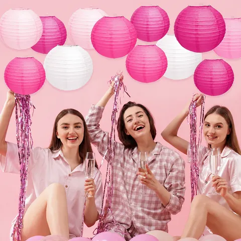 Pink Paper Lanterns Hanging Decorations Assorted Sizes For Wedding Birthday Party Celebration Event Decor