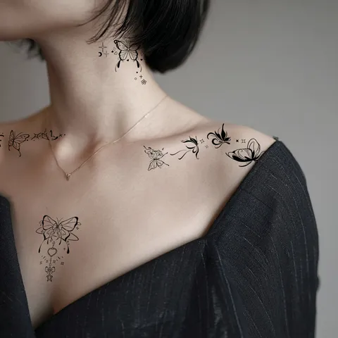 Temporary Tattoo Stickers Black Butterfly Line Art Waterproof Body Art Fake Tattoos Aesthetic Decals For Women Girls