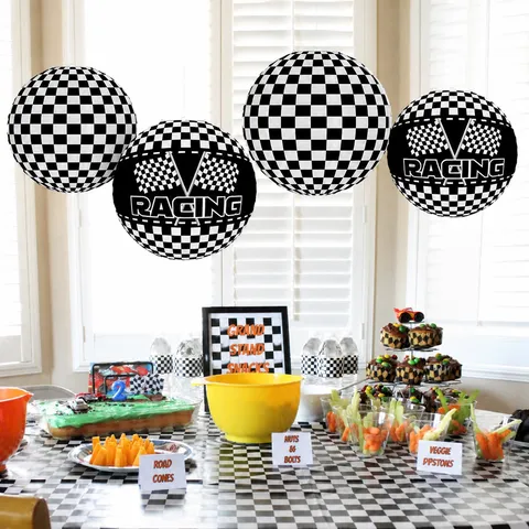 Racing Theme Paper Lantern Black and White Checkerboard Hanging Lantern Decoration for Kids Birthday Party Event Decor