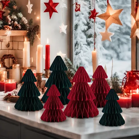 Christmas Tree Honeycomb Ball Ornament Foldable Paper Xmas Tree Decor For Winter Holiday Party Table Centerpiece