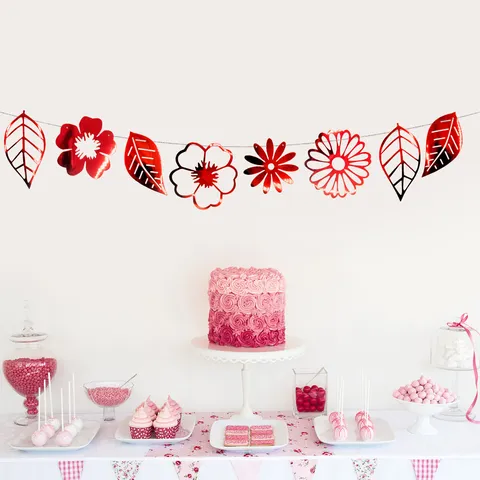 Gold Silver Red Rose Gold Hollow Flower Leaf Garland Banner Wedding Birthday Valentine Party Hanging Decoration