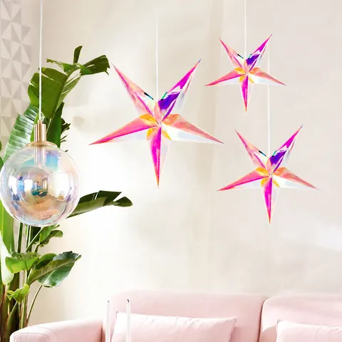 Ornement Suspendu en Étoile à Cinq Branches Irisée Étoile Holographique Hologramme pour Noël Mariage Fête Nouvel An Anniversaire Accessoires Photo Décoration