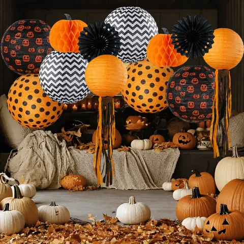 Halloween Party Decorations Pumpkin Honeycomb Balls Paper Lanterns Fan Flowers Indoor Hanging Ornaments Set