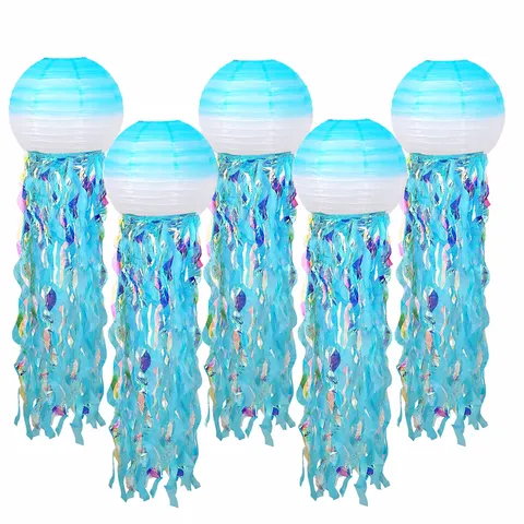 Gradient Mermaid Jellyfish Paper Lantern Ocean Theme Hanging Ornament Colorful Tassels for Kids Birthday Party Decor