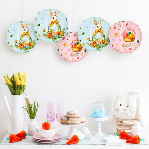 Lanterne en Papier de Pâques Décoration Suspendue Lapin Œuf de Pâques Imprimé Lanternes Rondes Pour Fête Festival Décoration Maison