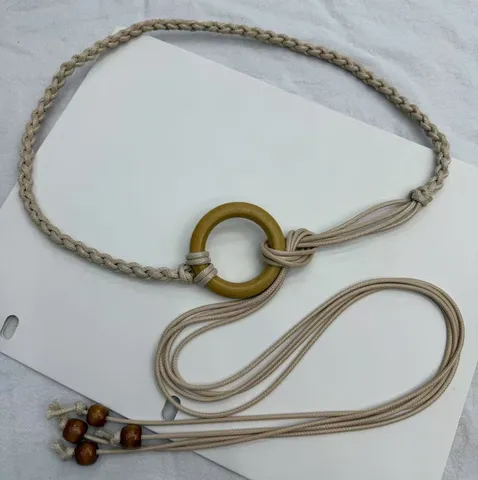 Bohemian Vintage Waist Chain For Women Handmade Woven Wax Cord Wooden Ring Tassel Belt Dress Accessories