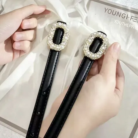 Women Genuine Leather Belt Pearl Rhinestone Buckle Thin Waistband Fashion Dress Pants Casual Accessories