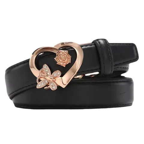 Women Fashion Automatic Buckle Leather Belt Rhinestone Heart Butterfly Design Casual Waist Belt For Jeans Accessories