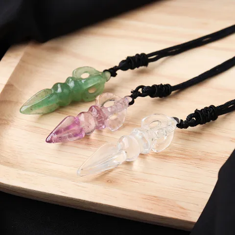 Natural Crystal Vajra Pestle Pendant Necklace Amethyst Clear Quartz Aventurine Hand Carved Religious Jewelry Unisex Amulet Gift