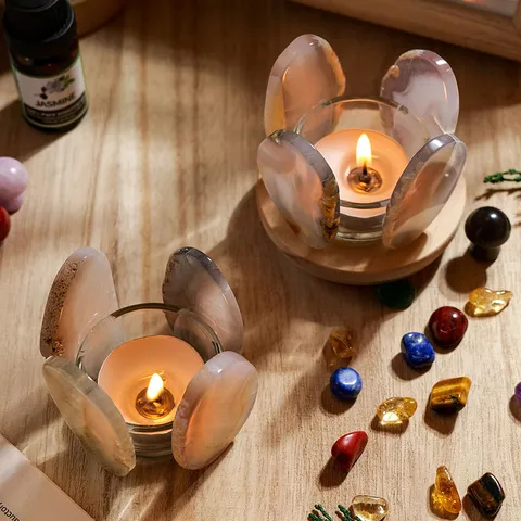 Portavelas de Rodaja de Ágata Natural Taza de Té de Vidrio Con Base de Madera Adorno de Mesa de Piedra de Cristal Hecho a Mano