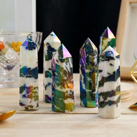 Natuurlijke Regenboog Gegalvaniseerde Zwarte Zebrasteen Kristallen Pilaar Zeshoekig Gepolijste Kwartstoren Huis Kantoor Bureau Decor Ornament