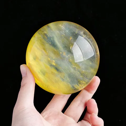 Adorno de Bola de Cristal de Fusión Amarilla Con Base de Madera Esfera de Citrino Sintético Pulido a Mano Decoración de Sala Regalo