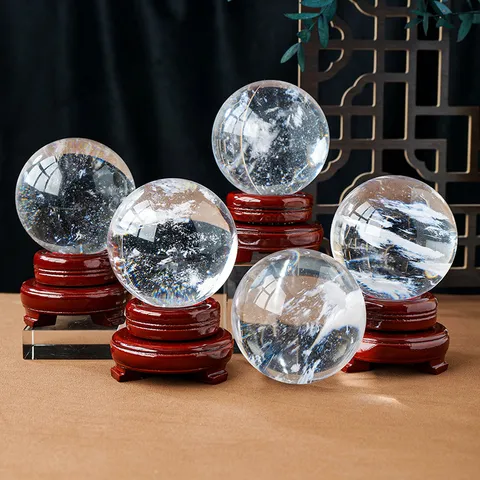 Natural Clear Crystal Ball Ornament Polished Smelted Quartz Sphere Feng Shui Healing Decor With Wooden Base For Home Office