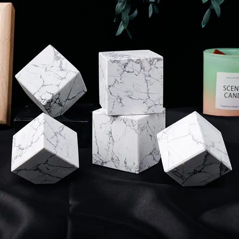 Natural Howlite Crystal Cube Ornament White Turquoise Mineral Specimen Polished Stone For Home Office Desktop Decor Gift