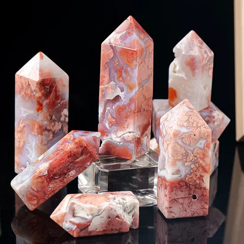 Pointe de Cristal Agate Rhodochrosite Rouge Naturelle Baguette Obélisque Hexagonale Spécimen Pierre Guérison Ornement Tour