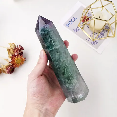 Natural Green Fluorite Crystal Column Single Point Hexagonal Pillar Home Office Desk Decor Hand Polished Crystal Craft Ornament Gift