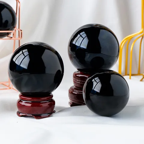 Natural Black Obsidian Crystal Ball Ornament Polished Stone Sphere Desk Display With Red Wooden Base For Home Office Decoration Feng Shui Decor