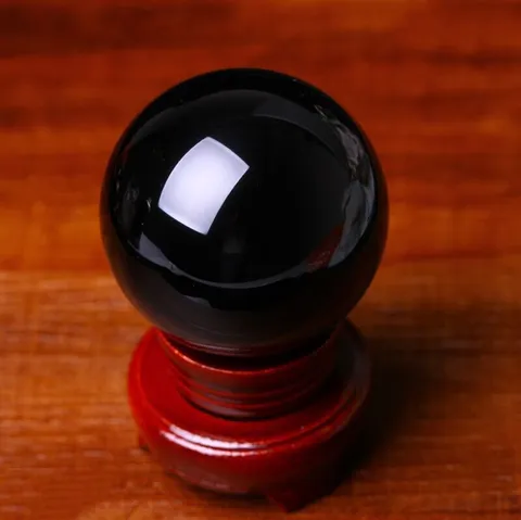 Natural Black Obsidian Sphere Crystal Ball Feng Shui Ornament For Home Office Decor Polished Stone Sphere With Wood Stand
