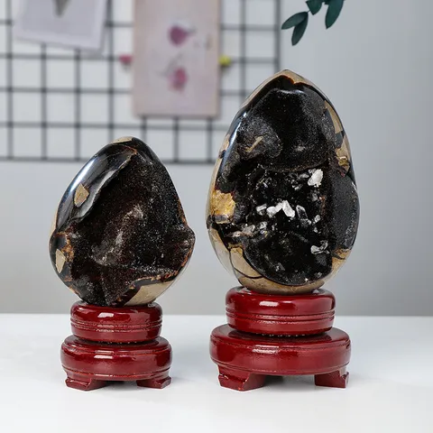 Natural Septarian Stone Dinosaur Egg Geode Ornament With Wood Base Crystal Mineral Specimen Polished Rock Home Decor Healing Stone Gift