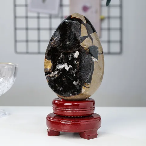 Natural Septarian Stone Dinosaur Egg Geode Ornament With Wood Base Crystal Mineral Specimen Polished Rock Home Decor Healing Stone Gift