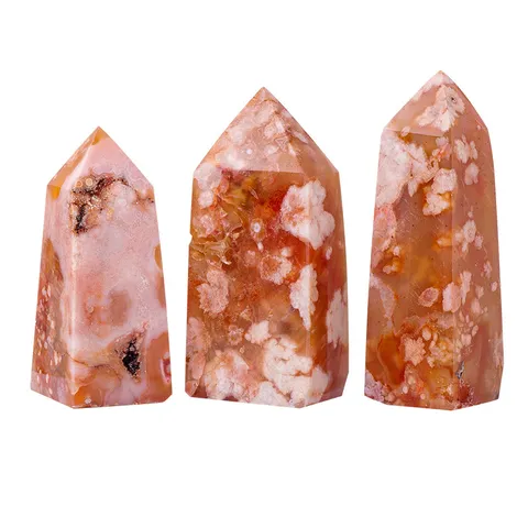 Natural Red Sakura Agate Crystal Pillar Pointed Tower Healing Stone Home Office Decor Spiritual Energy Ornament Gift